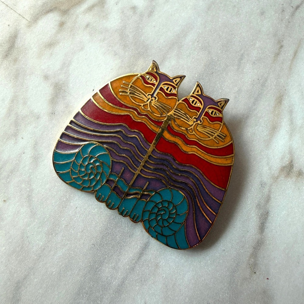 Laurel Burch Rainbow Cats Vintageโ Enamel Brooch Gold Tone Colorful Cat Pin